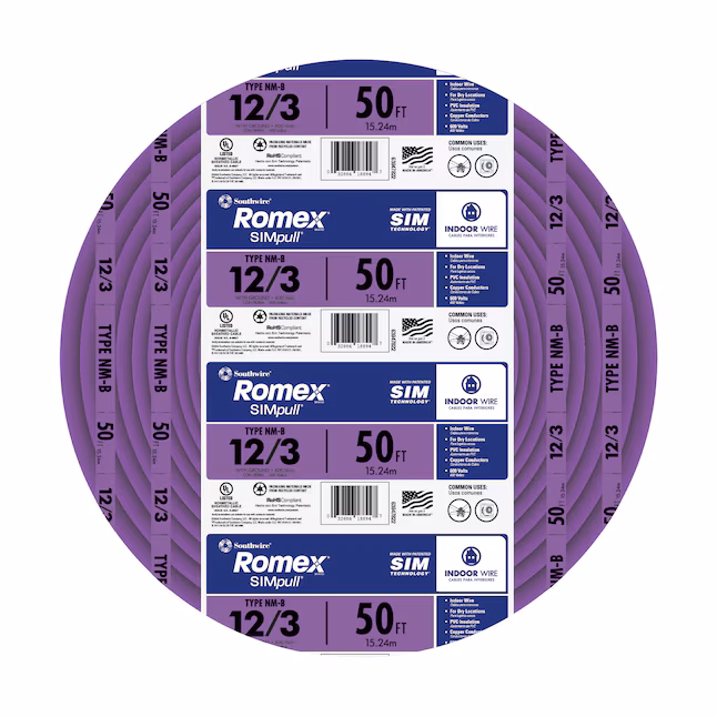 66818308 Southwire 50-ft 12 / 3 / Romex SIMpull Solid Indoor CU NM-B W/G Individual pack ( By-the-roll ) - Image 1