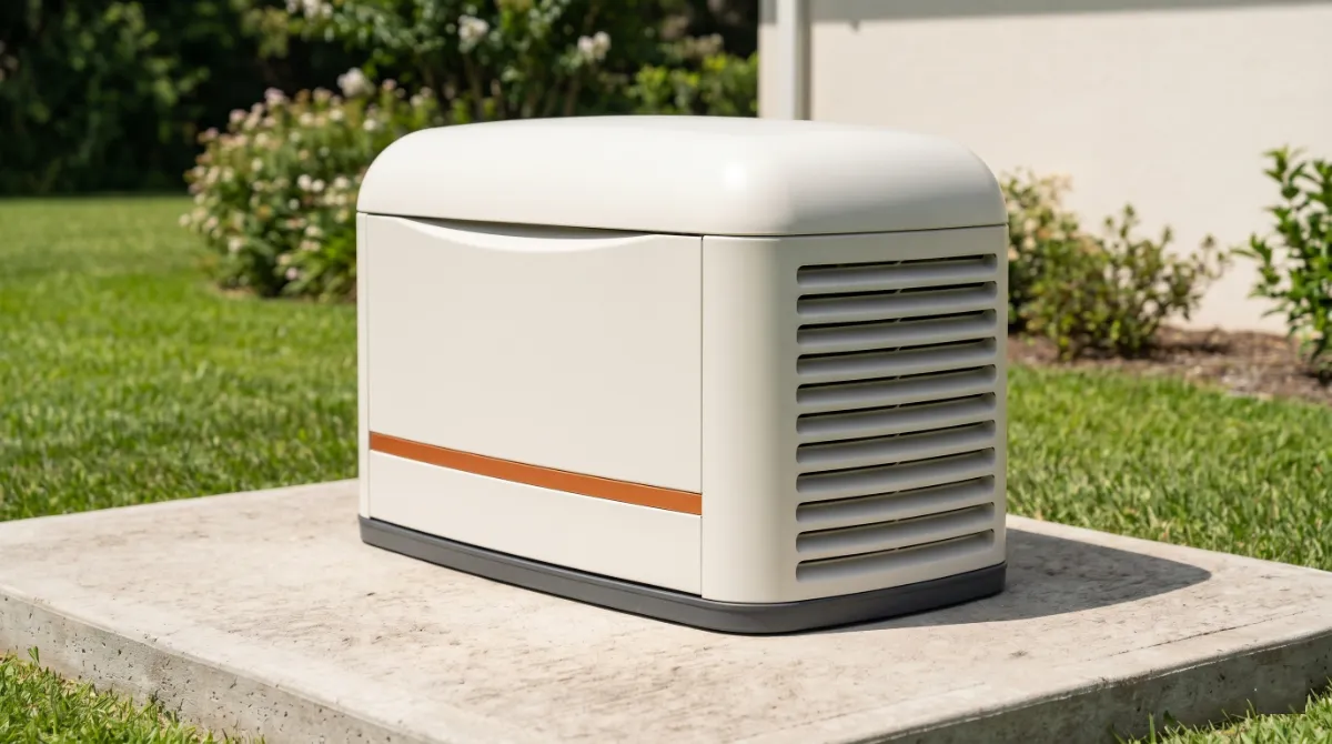 Generac 7258 14kW home standby generator in cream aluminum enclosure on concrete pad for 3 ton AC home