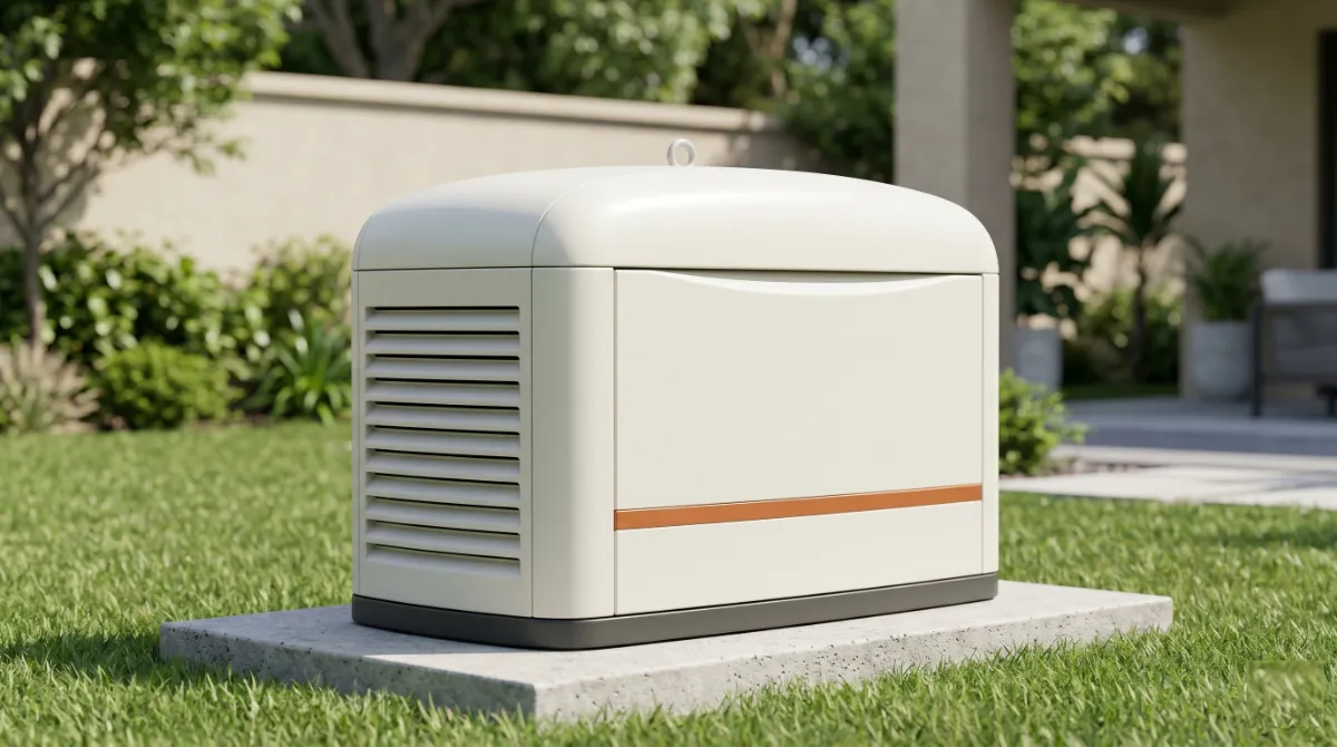 Generac 7259 18kW home standby generator in cream aluminum enclosure on concrete pad for 4 ton AC home