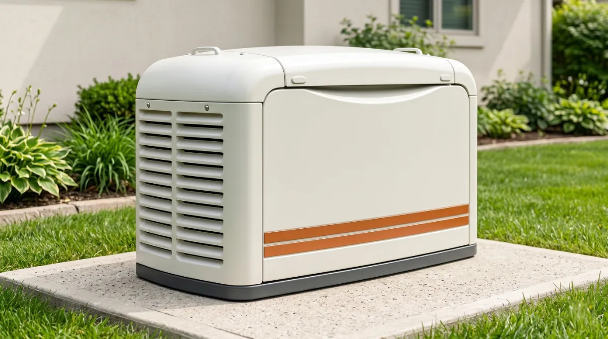 Generac 7260 22kW home standby generator in cream aluminum enclosure on concrete pad for 5 ton AC home