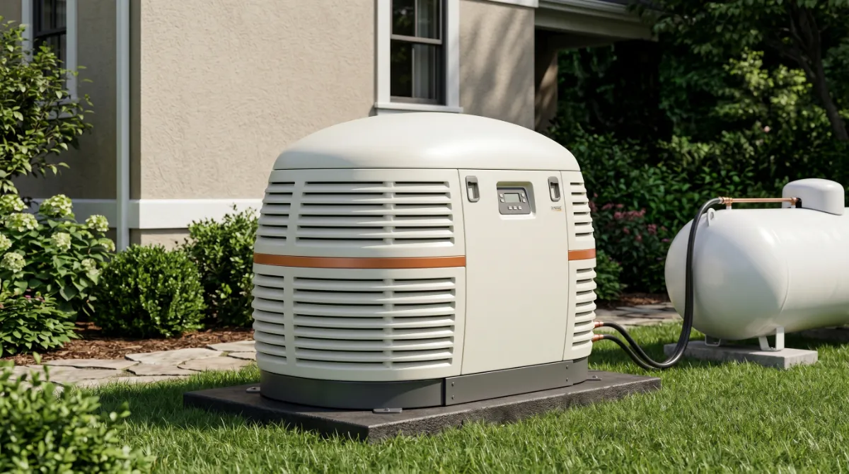 Propane tank size for 14kW Generac shown as a cream Generac standby generator beside a horizontal propane tank on a green residential lawn