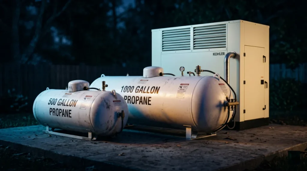 Propane tank size options for a 28kW Generac standby generator with 500 and 1000 gallon tanks beside a residential install