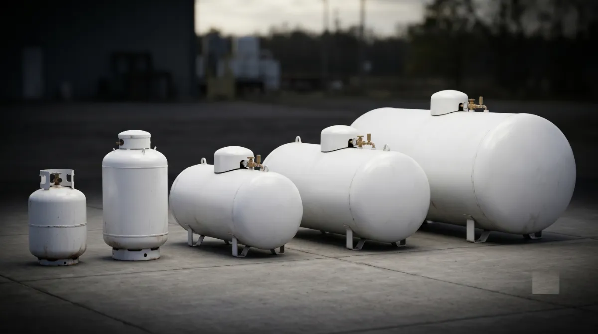 Residential propane tank size comparison from 100 pound cylinder to 1000 gallon above-ground tank