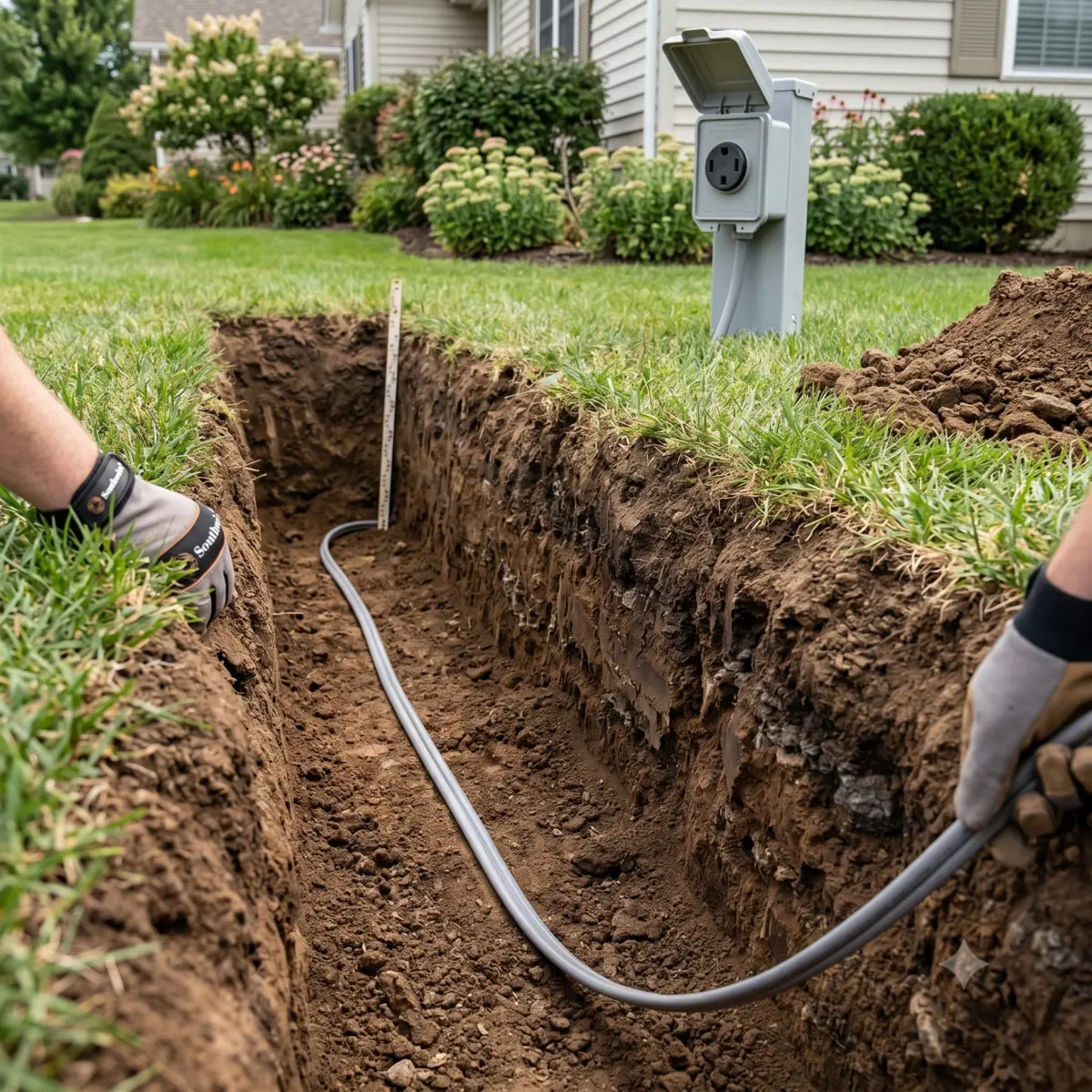 Southwire 10/2 UF-B underground feeder cable being installed in a trench for a high-current outdoor receptacle circuit