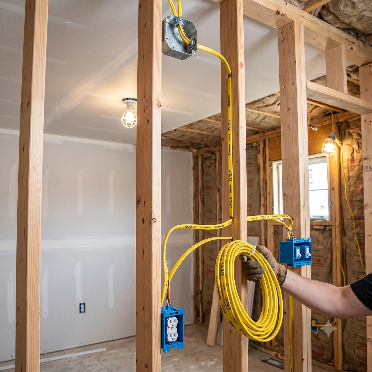 Southwire 12/2/2 Romex Extra Circuit cable being installed in residential bedroom framing for AFCI multi-circuit rough-in