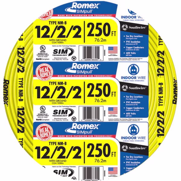 Southwire 250-ft 12 / 2 / 2 Romex SIMpull Solid Indoor CU NM-B W/G Individual pack ( By-the-roll )
