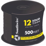 Southwire 12 AWG black THHN 500 ft solid copper hot wire roll for Phase A conductor installations in conduit from IB Lighting