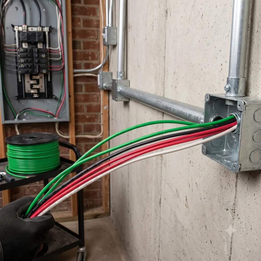 Southwire 12 AWG green THHN ground wire being pulled through electrical conduit alongside black, red, and white conductors for a complete 240V circuit installation