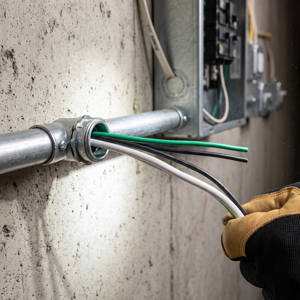 Southwire 12 AWG white THHN neutral wire being pulled through electrical conduit alongside black hot and green ground conductors for a 120V branch circuit installation