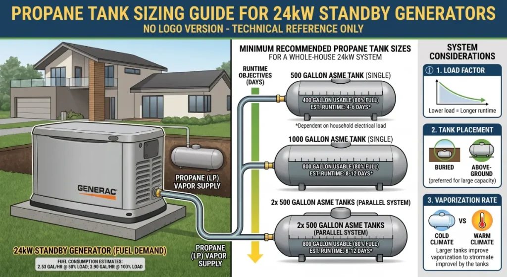 24kW Generac propane tank sizing showing 1000-gallon residential tank beside a 24kW Generac standby generator