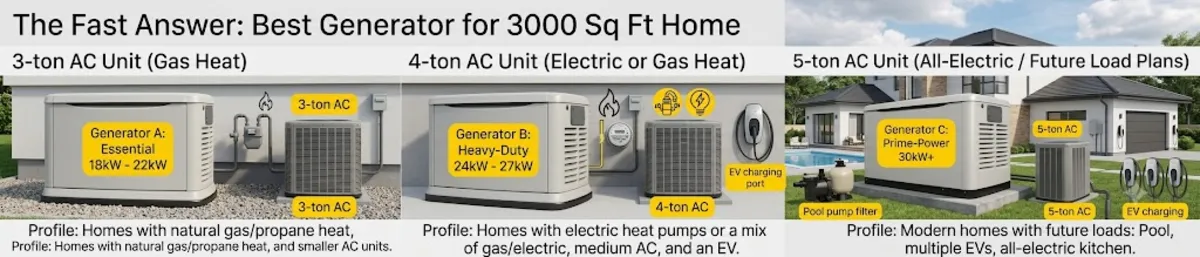 home generator comparison showing 18kW 22kW and 24kW Generac units with home profile match for each size