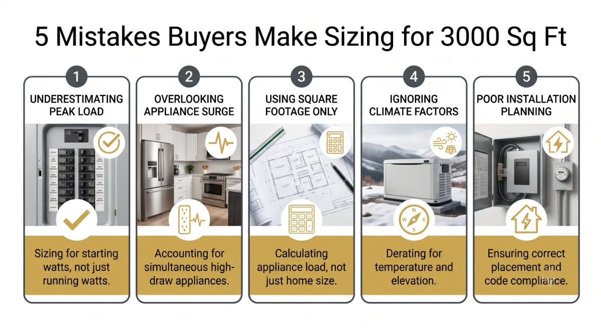 Common home generator sizing mistakes including choosing by square footage alone and ignoring future load growth