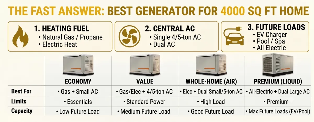 4000 sq ft home generator comparison showing 22kW 24kW and 26kW Generac units with home profile match for each size