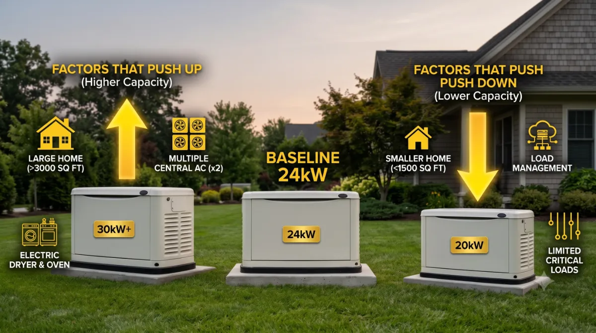 4000 sq ft home sizing factors showing upsize and downsize triggers for Generac generator selection