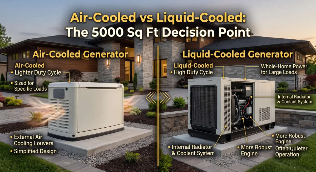Air-cooled vs liquid-cooled generator comparison for home showing enclosure size cooling system and duty cycle differences