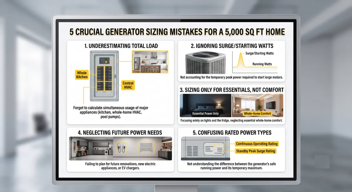 Common home generator sizing mistakes including forcing air-cooled to do a liquid-cooled job and underestimating dual AC load