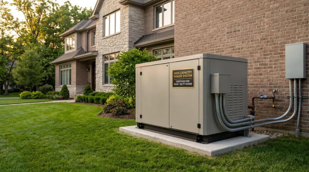 Best generator for 5000 sq ft home showing 26kW Generac standby generator installed beside a large residential home