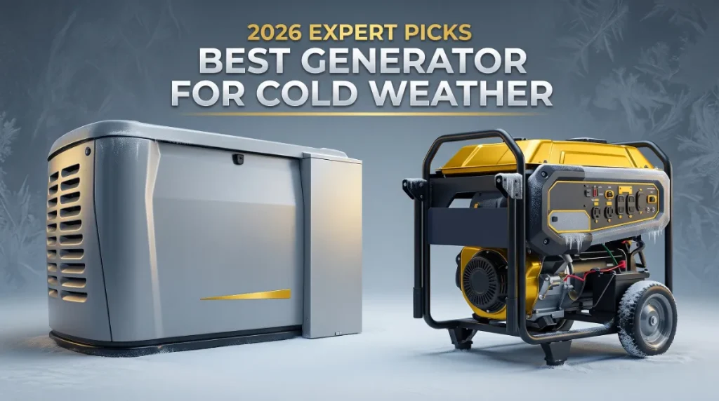 Best generator for cold weather showing Generac standby generator installed beside a snow-covered home during winter storm conditions