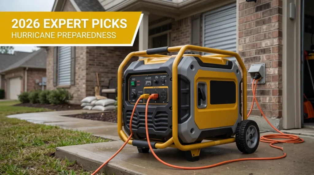 Best generator for hurricane preparedness showing Generac standby generator installed beside a coastal home before an approaching storm