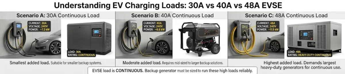 EV charger amperage comparison showing 30A 40A and 48A Level 2 EVSE continuous load ratings and generator sizing implications