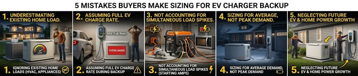 Common EV charger backup generator buying mistakes including skipping load management modules and under-sizing for 48A EVSE
