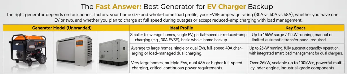 EV charger backup generator comparison showing 18kW 22kW and 24kW Generac units matched to EVSE amperage and home size