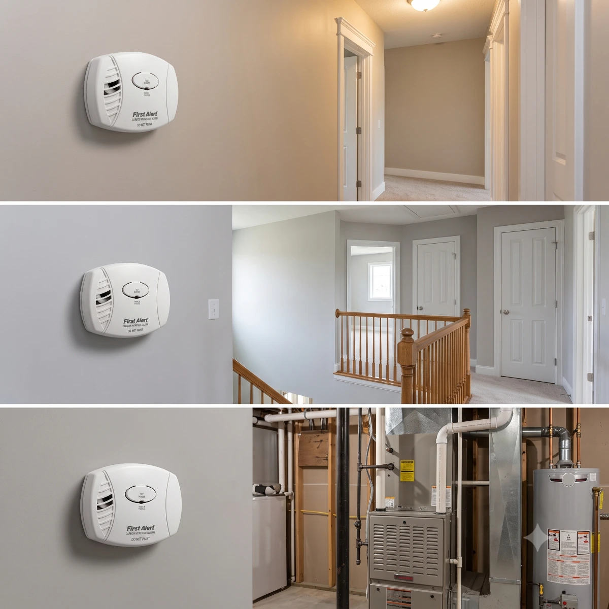 First Alert CO400B6CP carbon monoxide detectors installed throughout multiple rooms of a residential rental property for whole-home CO safety coverage