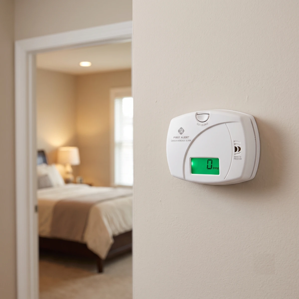First Alert CO410 carbon monoxide detector mounted on a residential bedroom wall showing the backlit digital display with current parts per million reading