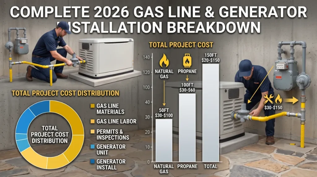 Gas line cost for Generac install showing licensed electrician connecting flexible gas line to a Generac standby generator