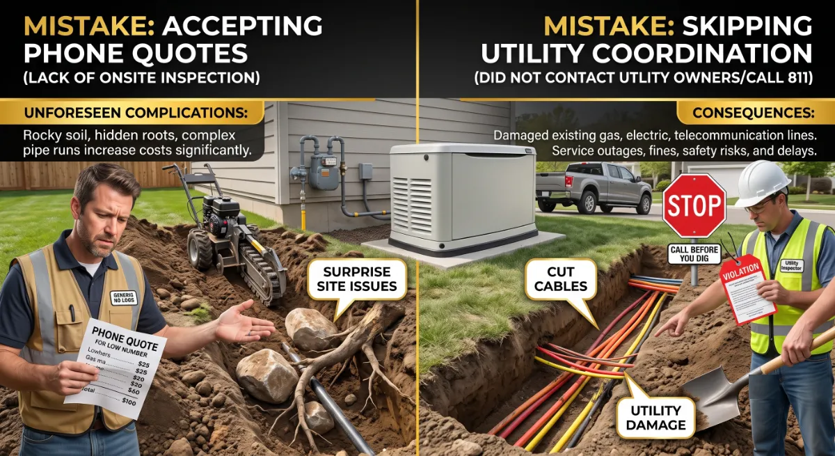 Gas line cost mistakes for Generac install including accepting phone quotes and skipping utility coordination