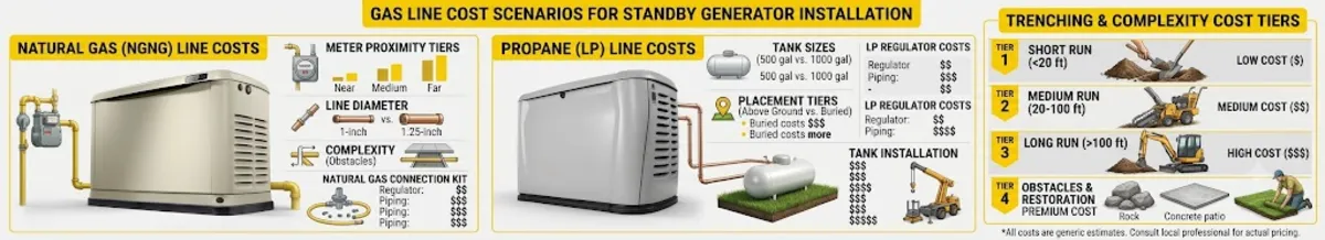 Gas line cost scenarios for Generac install showing natural gas propane and trenching cost tiers