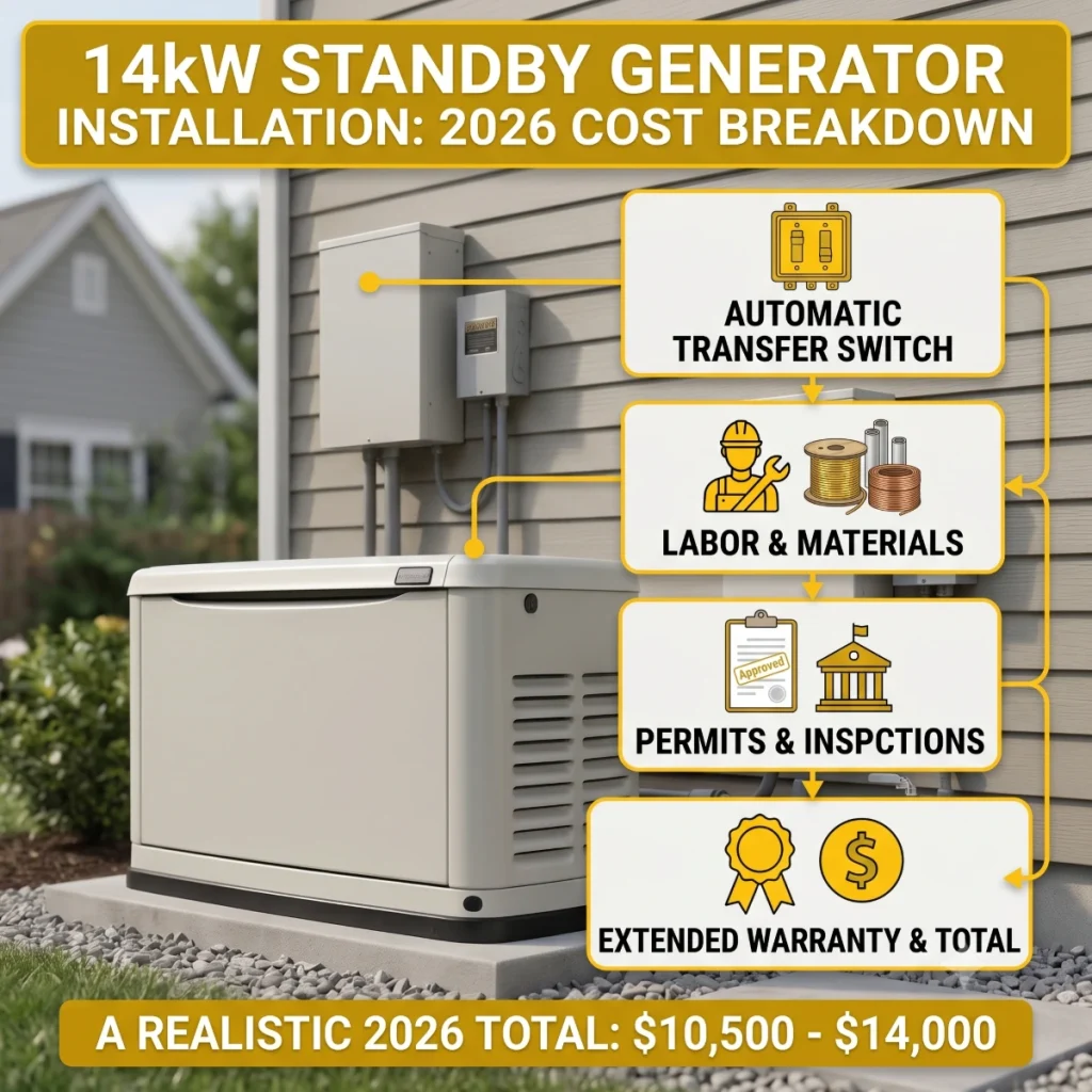 Generac 14kW installation cost showing licensed electrician installing a Generac 14kW standby generator beside a residential home