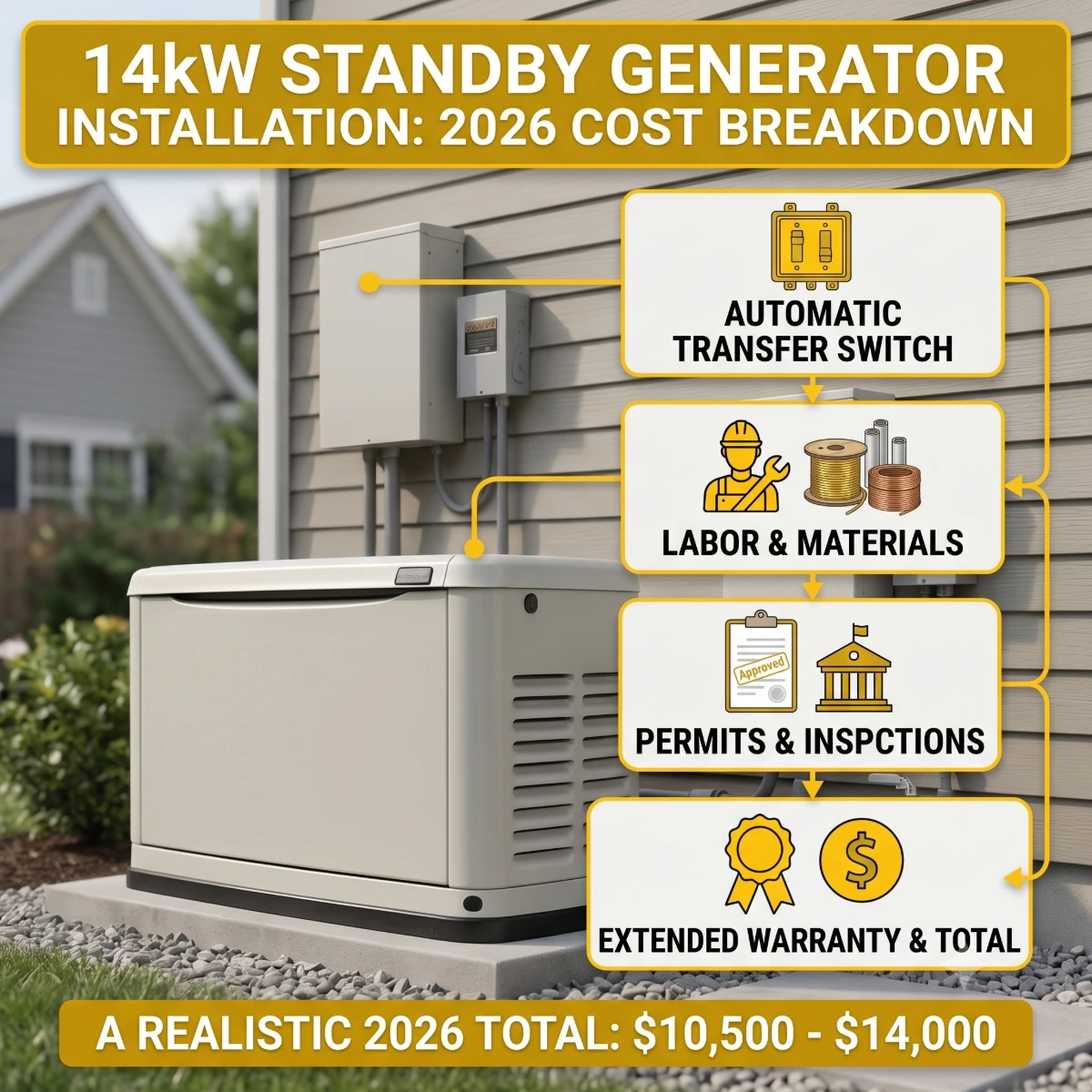Generac 14kW installation cost showing licensed electrician installing a Generac 14kW standby generator beside a residential home
