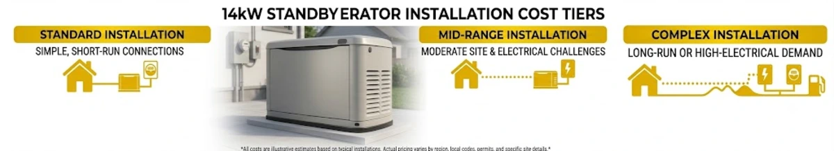 Generac 14kW installation cost tiers showing standard mid-range and complex install pricing based on home electrical service and fuel supply