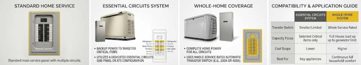 Generac 14kW panel scenarios showing electrical service compatibility with essential circuits versus whole-home coverage
