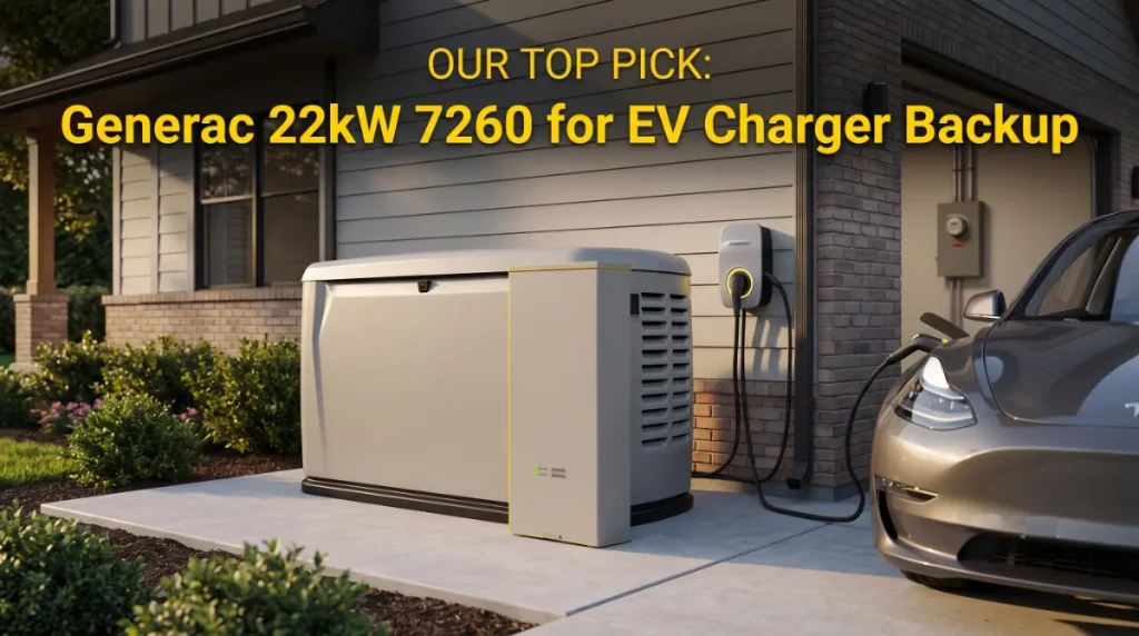 Generac 22kW standby generator installed beside a home with a Level 2 EV charger for EV charger backup power