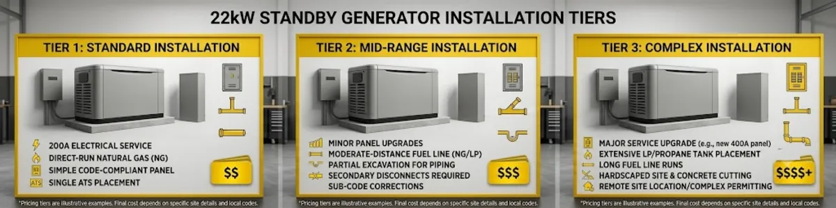 Generac 22kW installation cost tiers showing standard mid-range and complex install pricing based on home electrical service and fuel supply