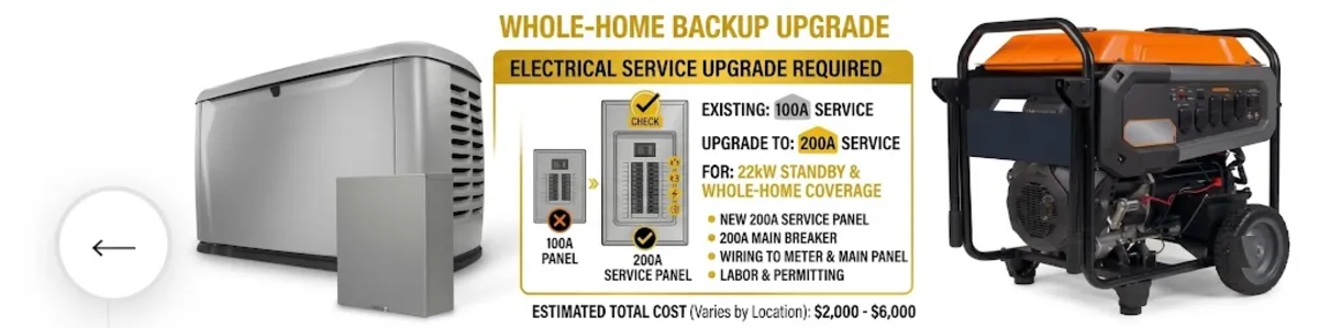 Generac 22kW panel upgrade cost showing electrical service upgrade from 100A to 200A required for whole-home backup coverage