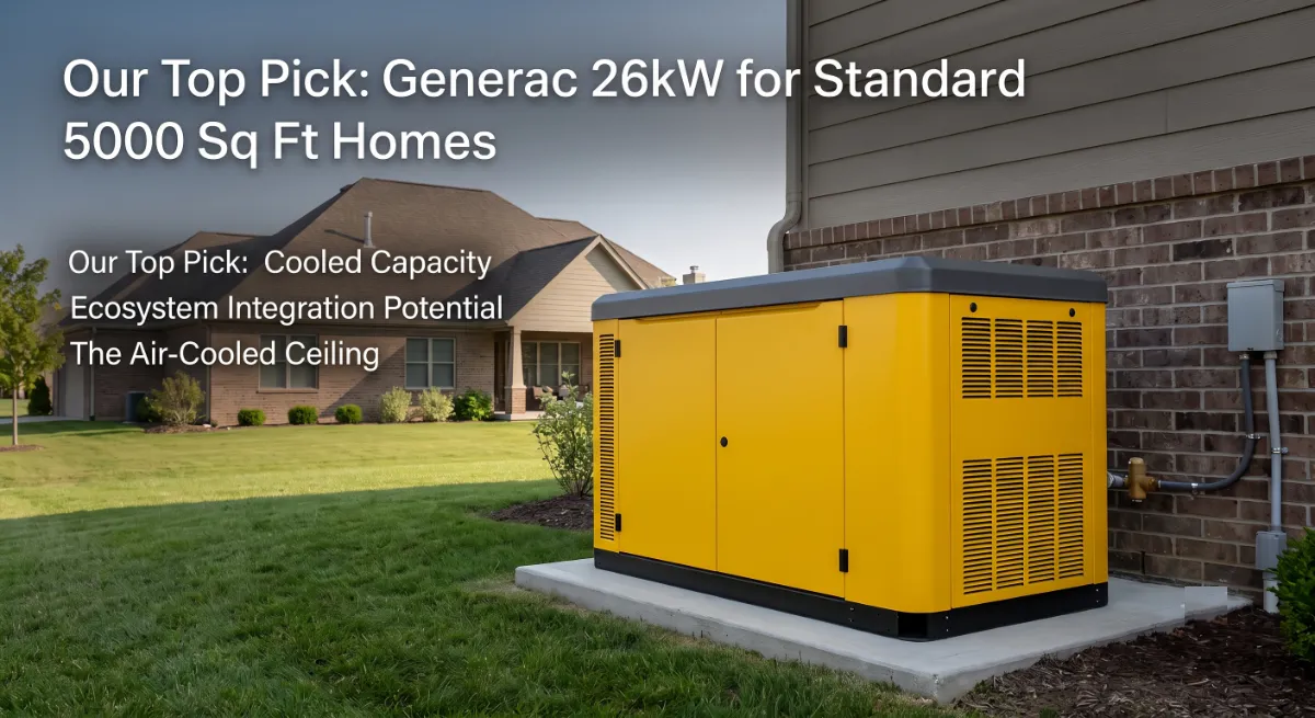 Generac 26kW standby generator installed beside a home this size residential home with whole-home backup coverage