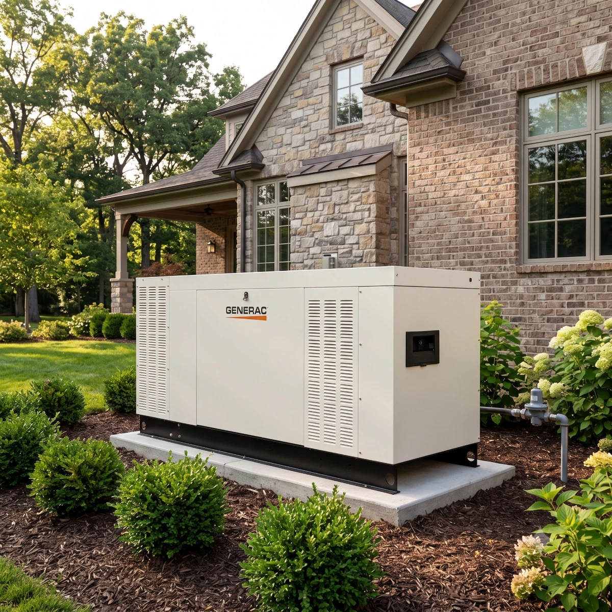 Generac 60kW home standby generator installed on a concrete pad next to a large residential home providing whole home backup power during utility outages