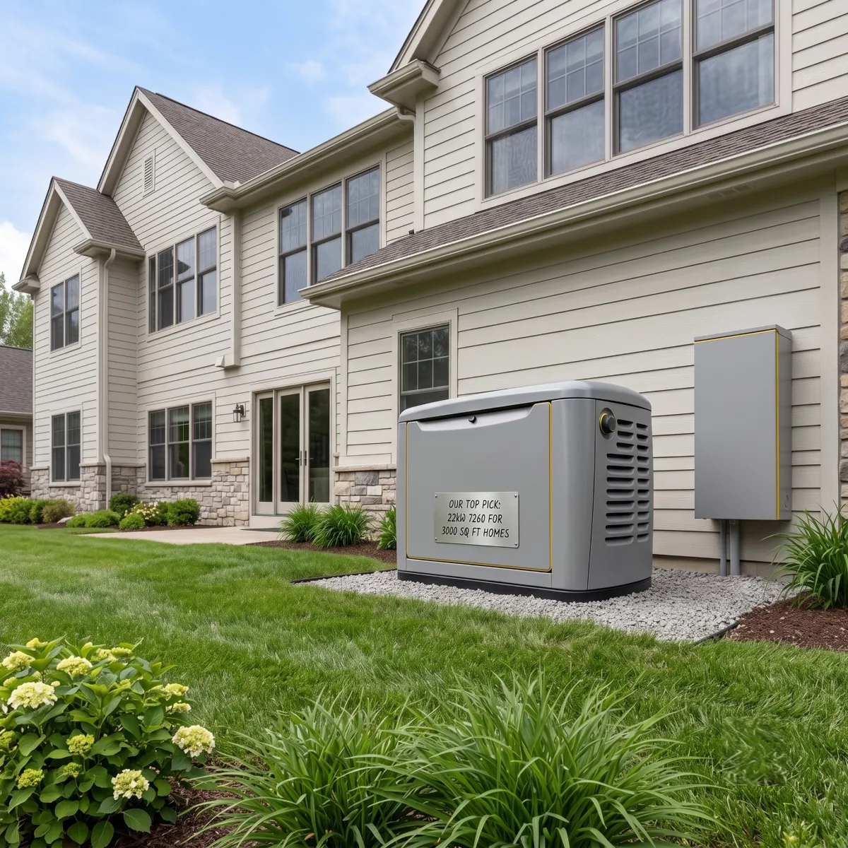 Generac 7260 22kW standby generator installed beside a home this size residential home with whole-home backup coverage
