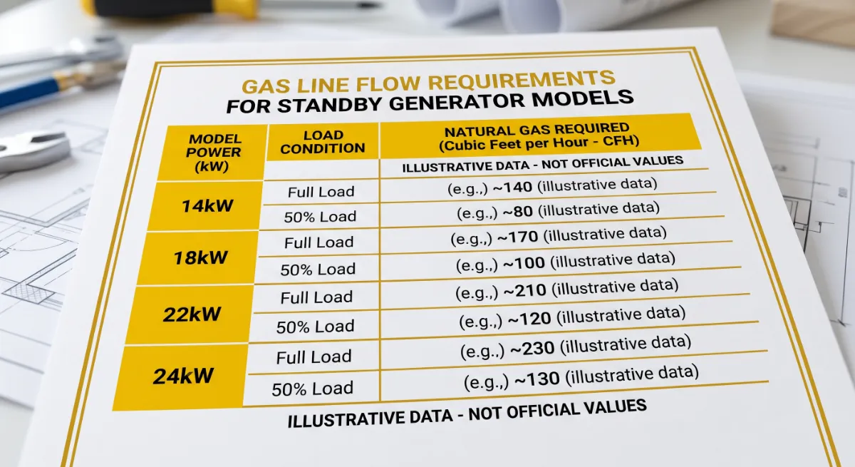 Generac gas line flow requirements chart showing cubic feet per hour ratings for 14kW 18kW 22kW and 24kW models