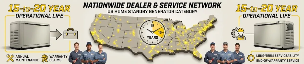 Generac vs Briggs Stratton dealer network coverage map showing US home standby generator service technician availability