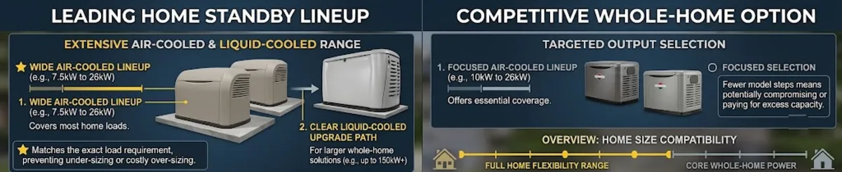 Generac vs Briggs Stratton lineup comparison showing output range from 7.5kW through 26kW air-cooled and liquid-cooled upgrade path