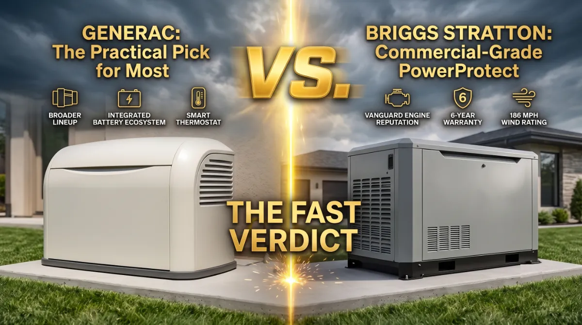 Generac vs Briggs Stratton comparison summary chart showing lineup range warranty engine specifications and dealer network