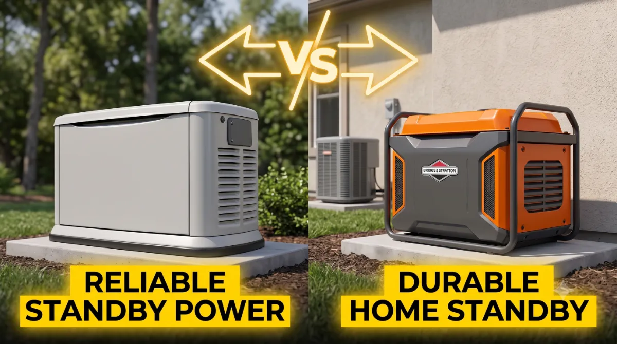 Generac vs Briggs Stratton standby generator side-by-side comparison showing air-cooled residential standby generator enclosures