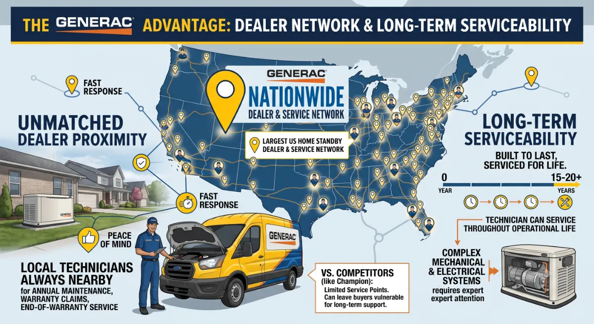 Common Generac vs Champion buying mistakes including warranty-length fixation and skipping dealer proximity check