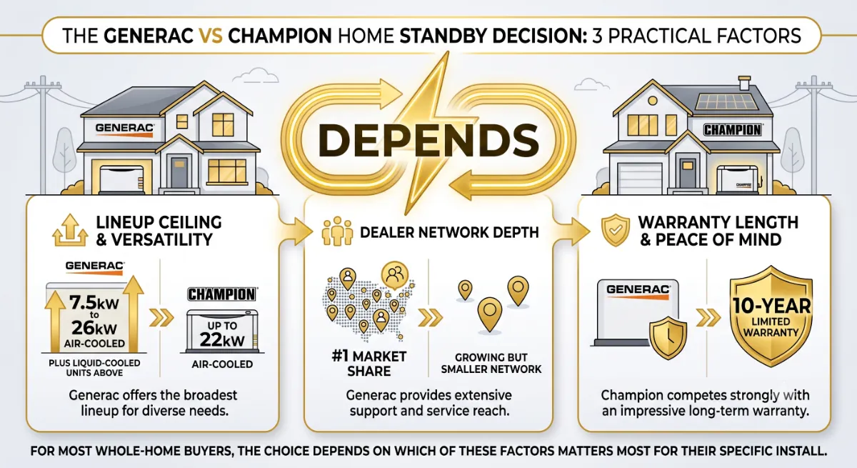 Generac vs Champion home standby comparison summary chart showing lineup range warranty and dealer network coverage