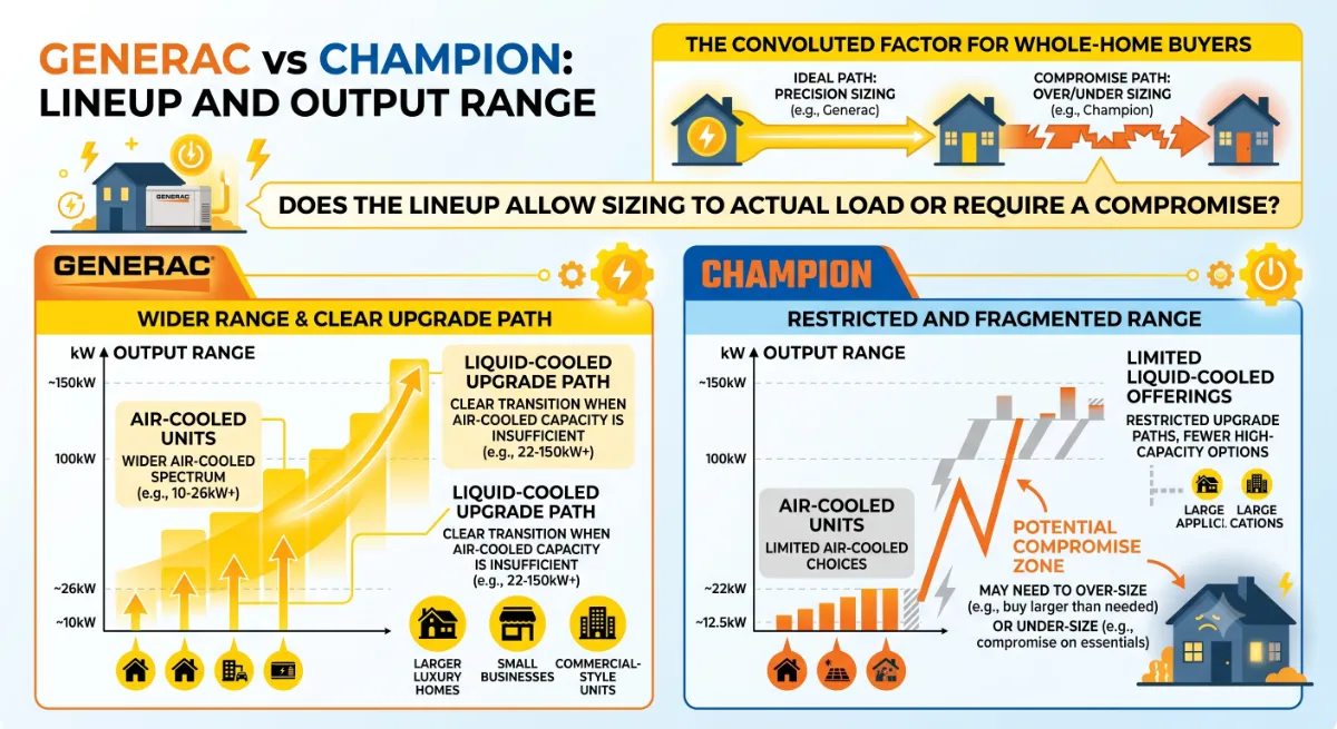 Generac vs Champion dealer network coverage map showing US home standby generator service technician availability