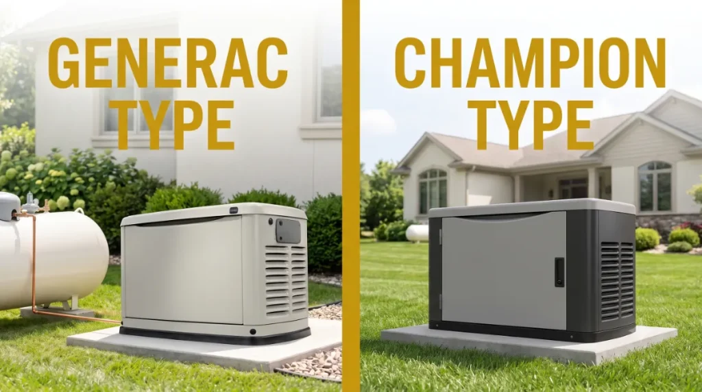 Generac vs Champion home standby generator side-by-side comparison showing air-cooled residential standby generator enclosures